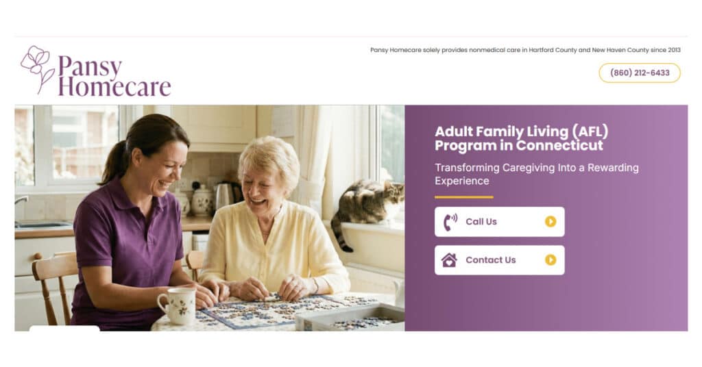 Pansy Homecare logo with two women smiling at a kitchen table, and a purple panel on the right promoting the Adult Family Living program in Connecticut with Call Us and Contact Us buttons.